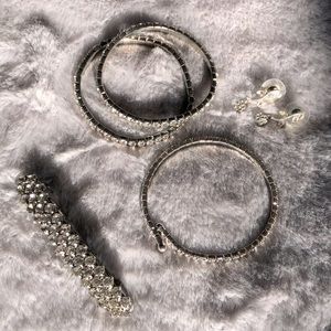 💖 3 Bracelets - Earrings - Barrette  SET of 5 Silver with Clear Stone pieces